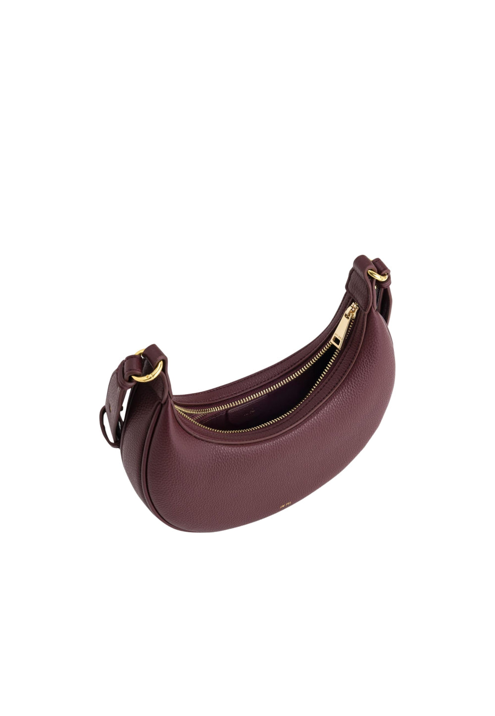 Sac bandoulière JW PEI Carly Deep Claret ouvert, montrant l'intérieur et la fermeture éclair dorée