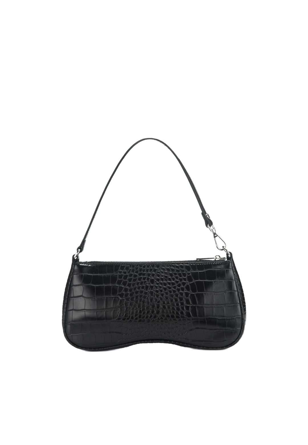 Sac bandoulière JW PEI Eva noir effet croco, porté à l'épaule, vue de face