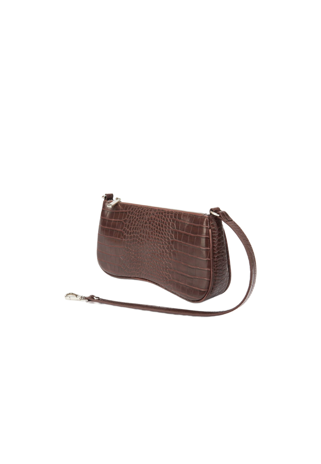 Sac bandoulière JW PEI Eva marron croco, porté épaule, avec fermeture bouton pression et dragonne détachable.