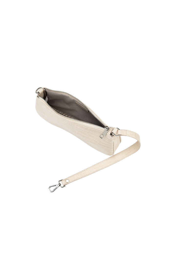 Sac bandoulière JW PEI Eva Ivory Croc ouvert, montrant l'intérieur et la fermeture éclair argentée