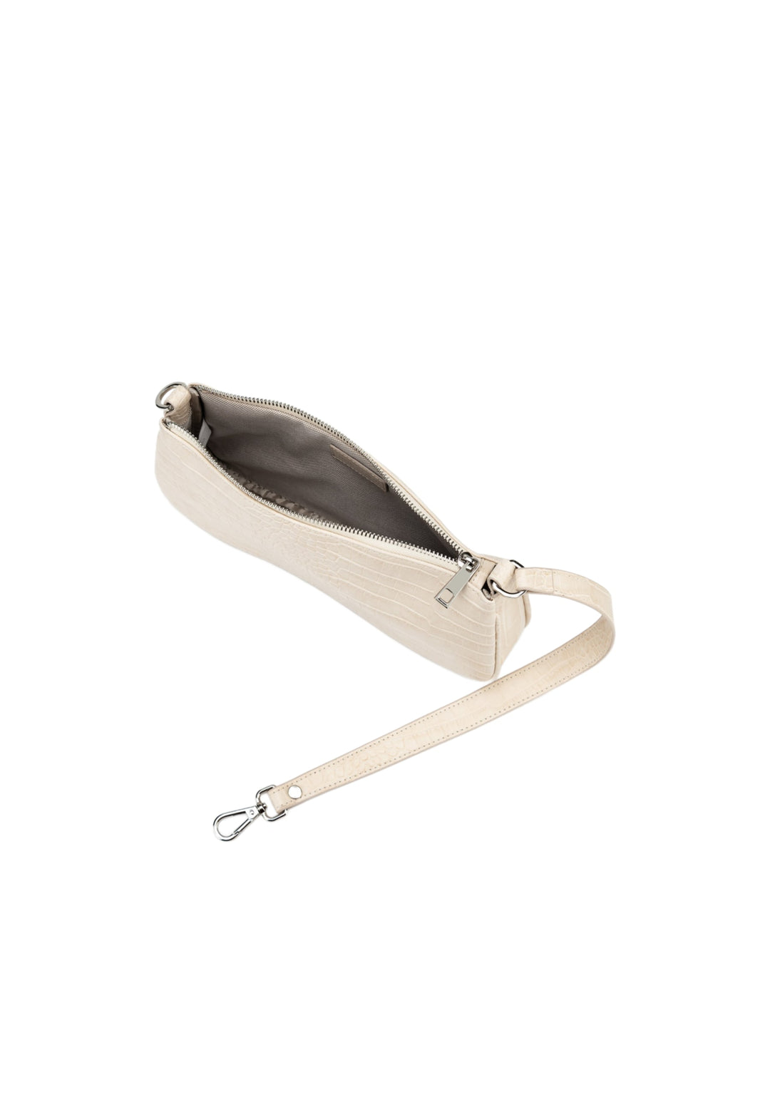 Sac bandoulière JW PEI Eva Ivory Croc ouvert, montrant l'intérieur et la fermeture éclair argentée