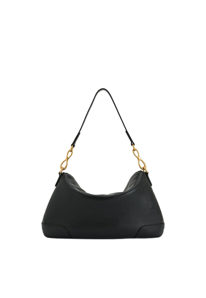 Sac bandoulière JW PEI Jayla noir, porté à l'épaule, avec détails dorés, vue 3/4