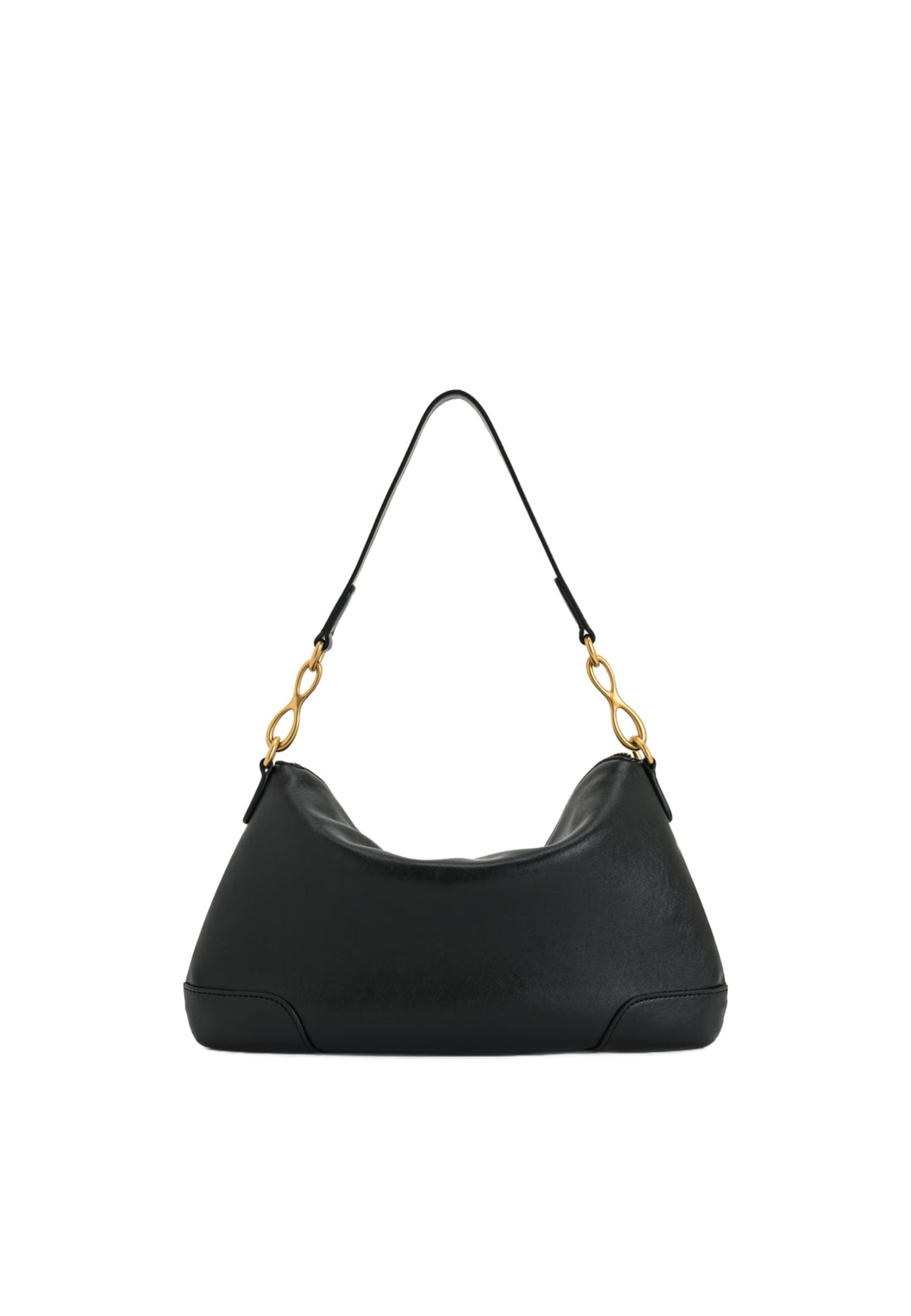 Sac bandoulière JW PEI Jayla noir, porté à l'épaule, avec détails dorés, vue 3/4