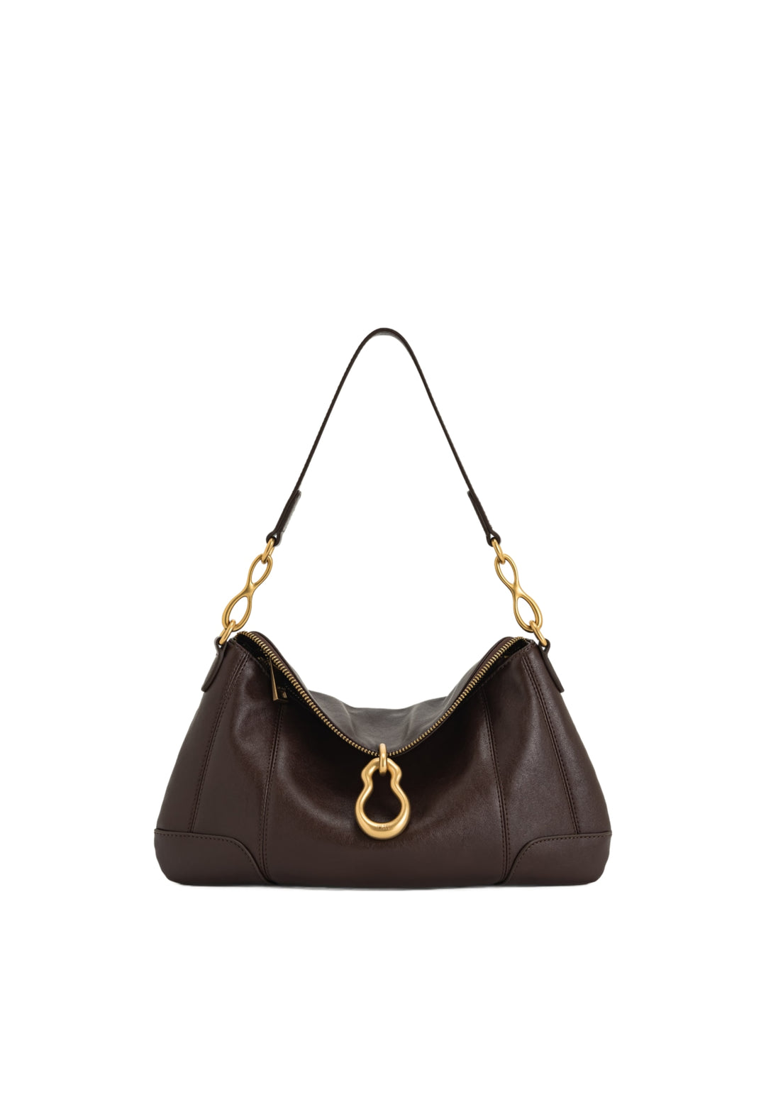 Sac bandoulière JW PEI Jayla Dark Brown, porté épaule, avec fermeture magnétique et détails dorés.