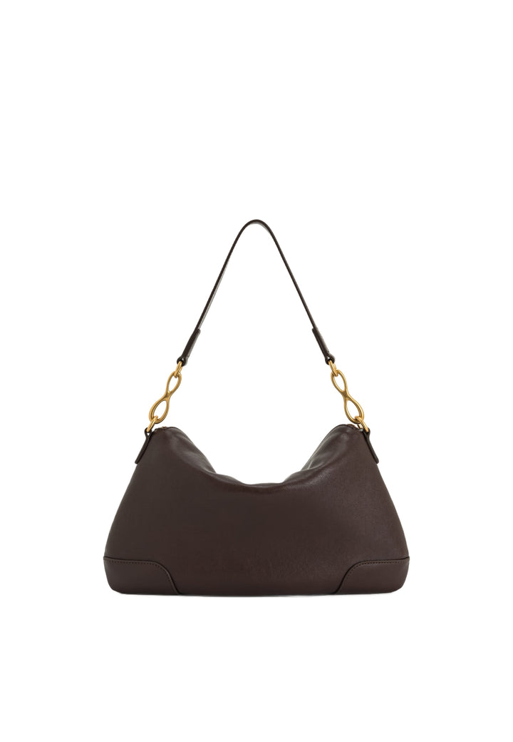 Sac bandoulière JW PEI Jayla marron foncé, porté à l'épaule, avec chaîne dorée et fermeture magnétique