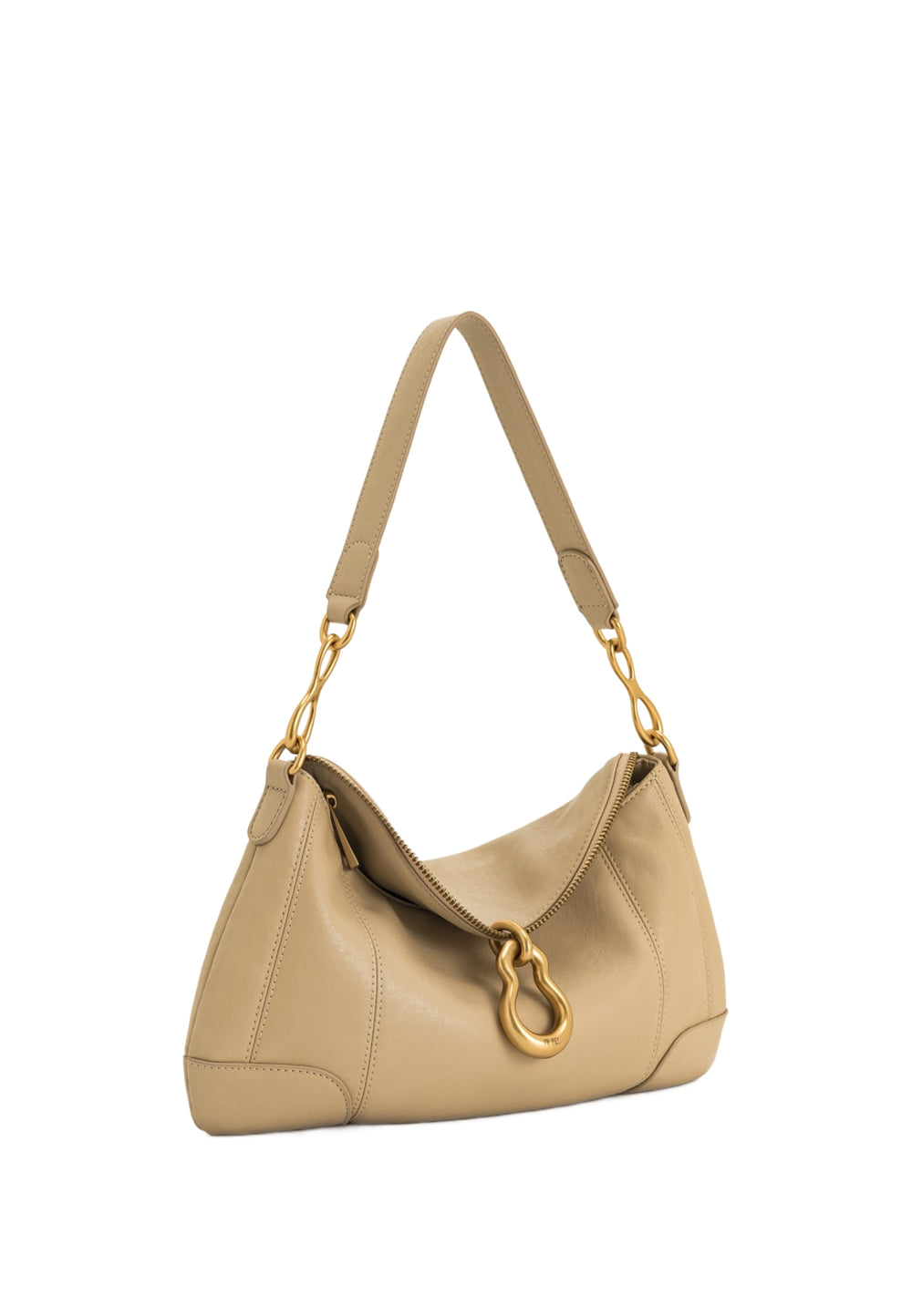 Sac bandoulière JW PEI Jayla kaki en simili cuir avec fermeture éclair dorée et anse chaîne dorée.