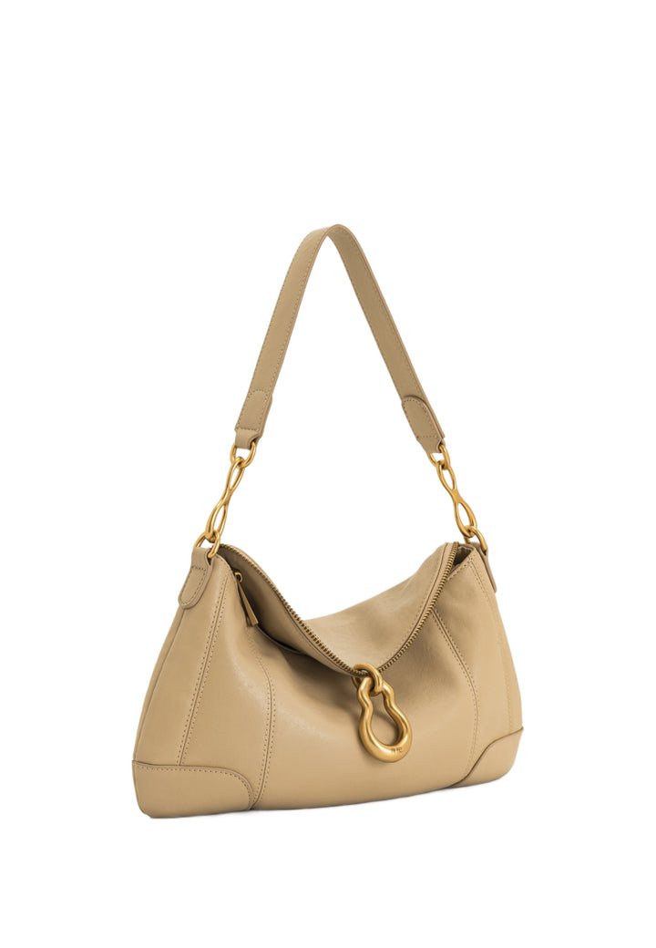 Sac bandoulière JW PEI Jayla kaki en simili cuir avec fermeture éclair dorée et anse chaîne dorée.