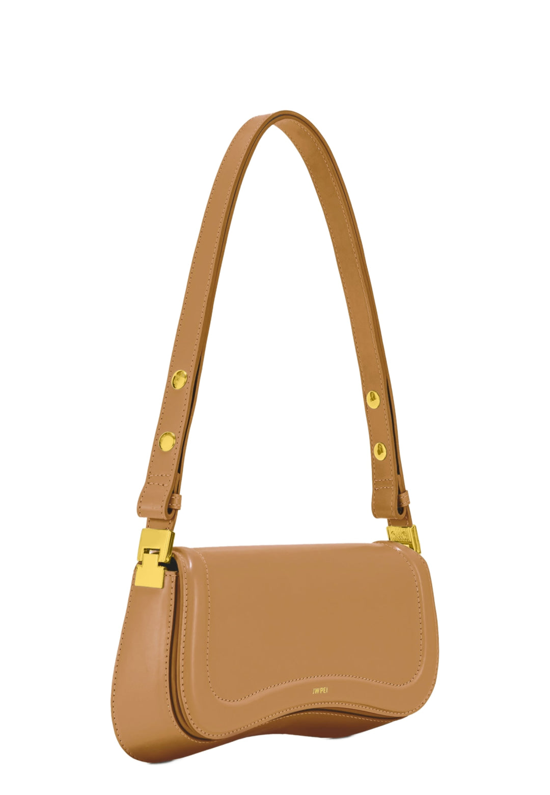 Sac bandoulière JW PEI Joy Acorn Brown en simili cuir lisse, porté à l'épaule, avec fermoir doré.