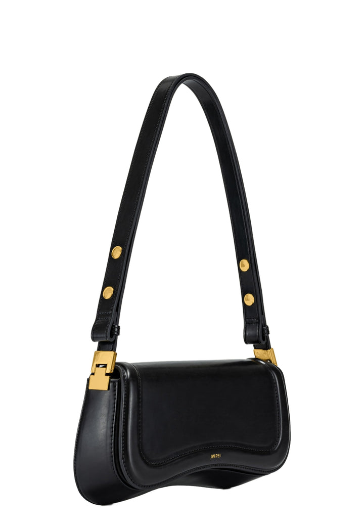Sac bandoulière JW PEI Joy noir — vue 3/4, simili cuir lisse avec détails dorés
