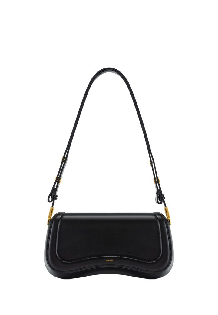 Sac bandoulière JW PEI Joy noir — vue de face, simili cuir lisse avec détails dorés