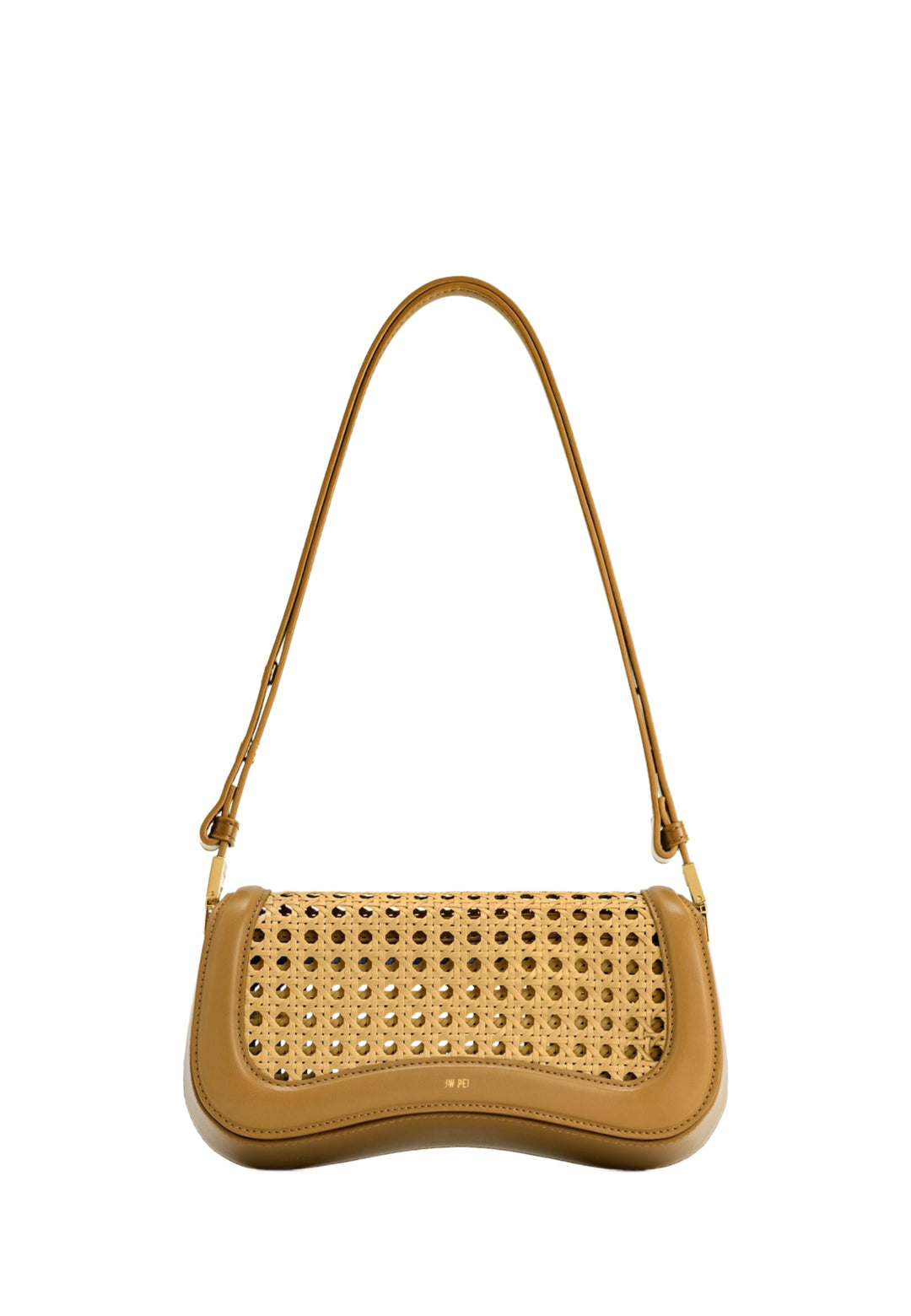 Sac bandoulière JW PEI Joy marron, en simili cuir lisse et cannage, porté épaule.