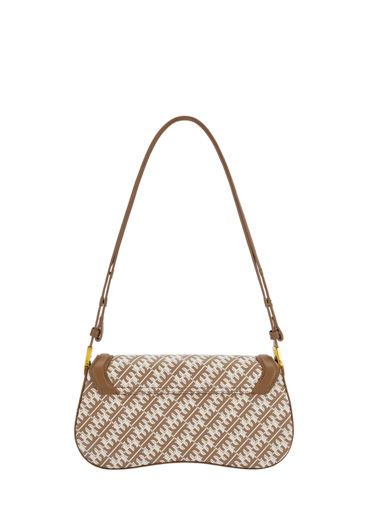 Sac bandoulière JW PEI Joy marron avec monogramme marron et blanc, porté épaule