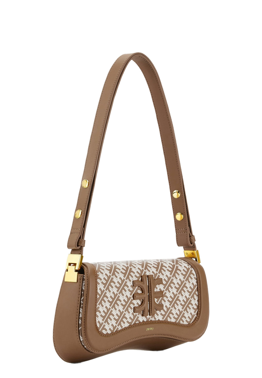 Sac bandoulière JW PEI Joy marron avec logo monogramme et fermoir doré, porté à l'épaule.