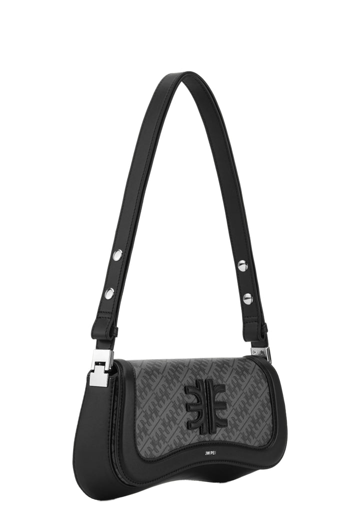 Sac bandoulière JW PEI Joy Iron Black — vue 3/4, monogramme noir et gris, fermoir métallique