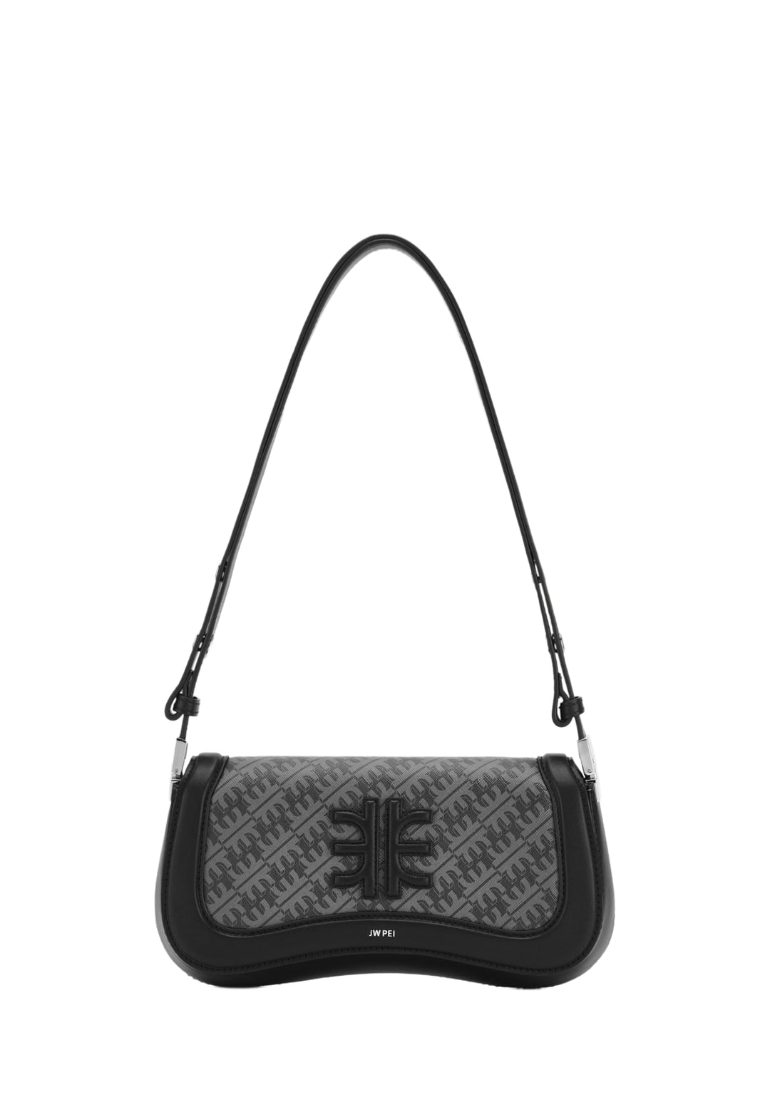 Sac bandoulière JW PEI Joy Iron Black — vue de face, monogramme noir et gris, fermoir métallique