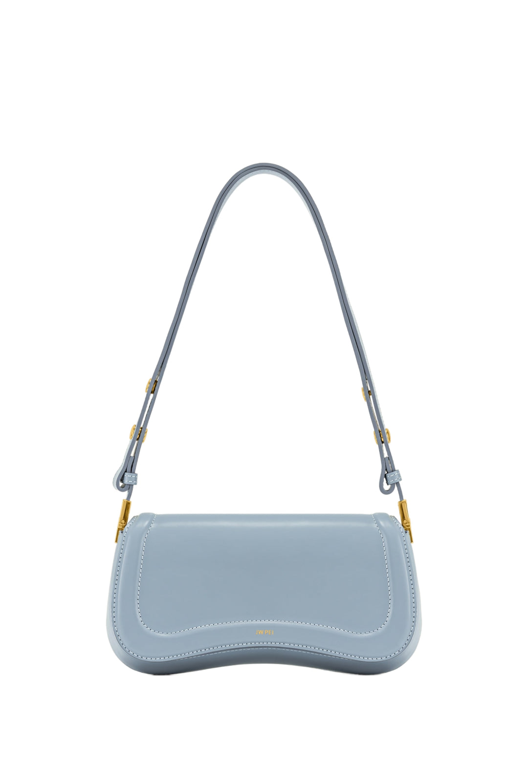 Sac bandoulière JW PEI Joy Steel Blue, porté épaule, simili cuir lisse, fermeture zippée