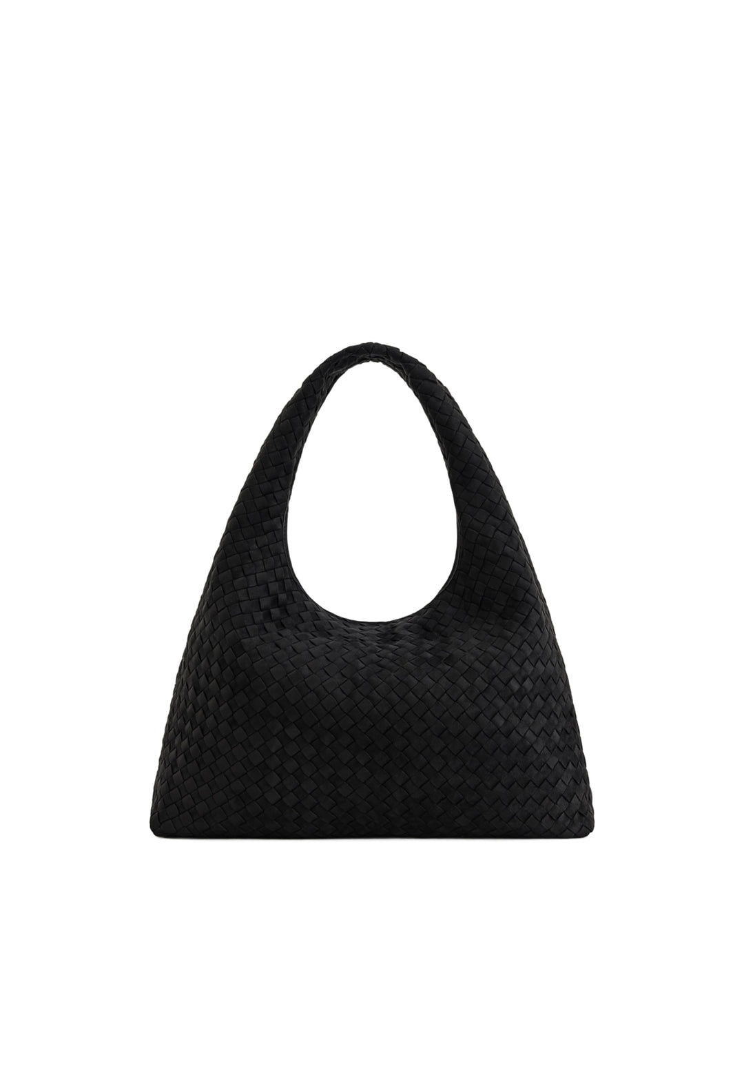 Sac bandoulière JW PEI Laura noir en polyester tressé, porté à l'épaule.