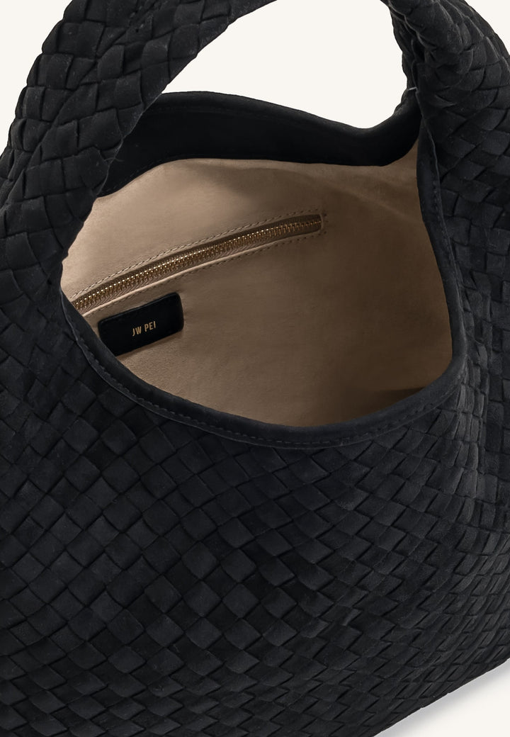 Intérieur du sac bandoulière JW PEI Laura noir avec fermeture éclair et étiquette de marque