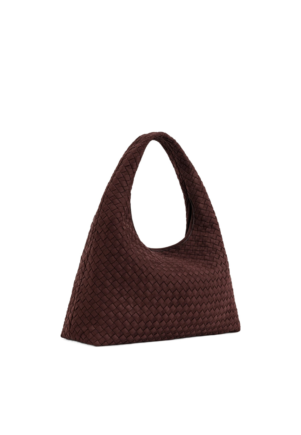Sac bandoulière JW PEI Laura Dark Brown en polyester tressé, porté sur l'épaule, vue de profil