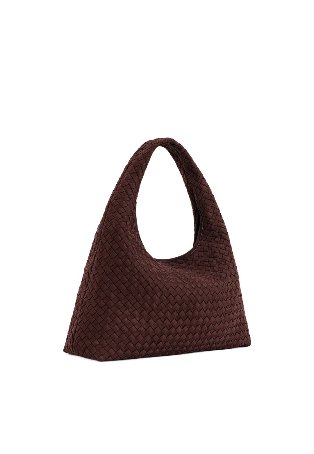 Sac bandoulière JW PEI Laura Dark Brown en polyester tressé, porté sur l'épaule, vue de profil