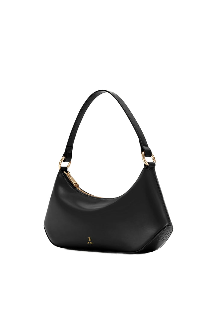 Sac bandoulière JW PEI Lily noir en simili cuir, porté à l'épaule, avec fermeture éclair dorée et logo de la marque.