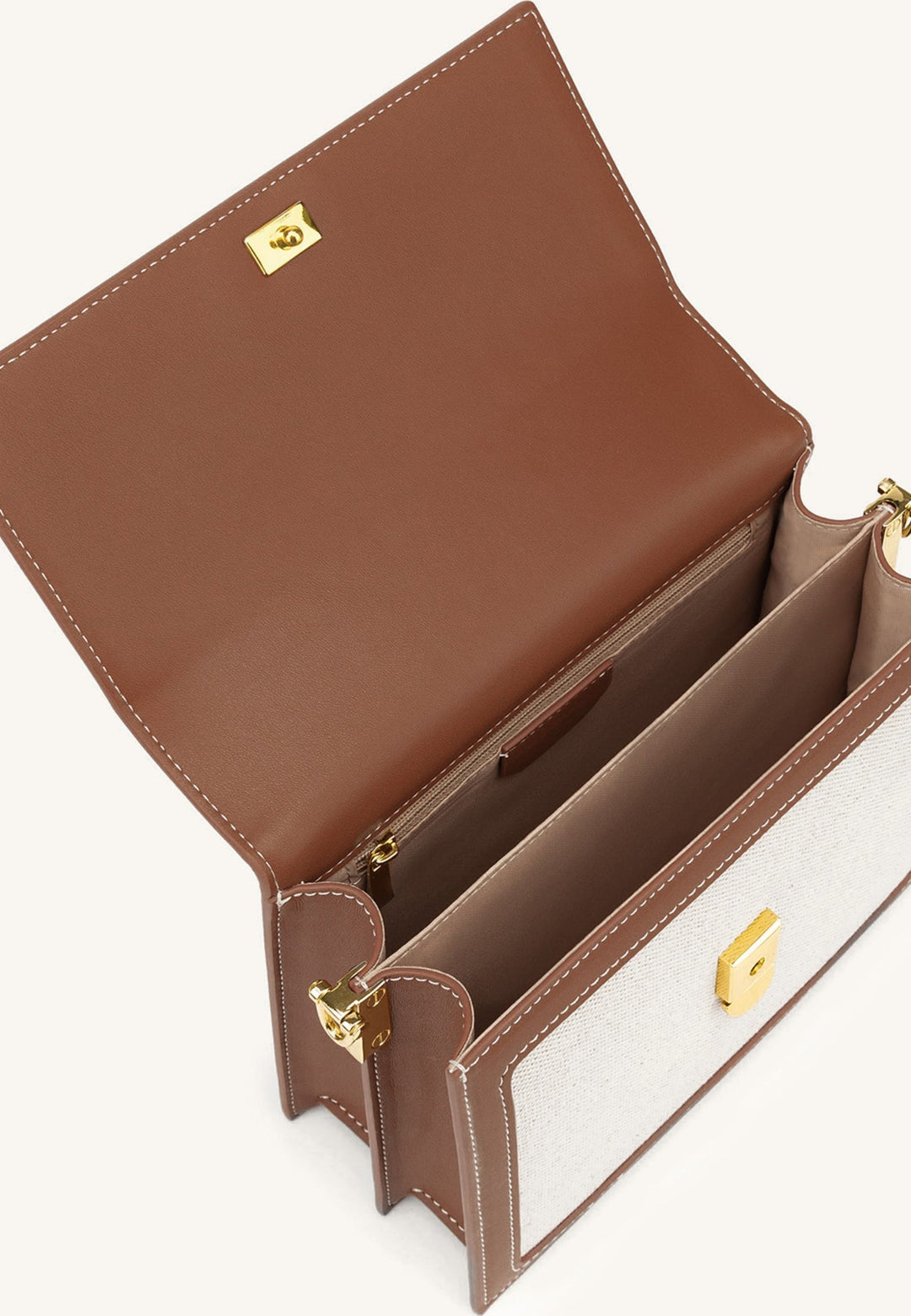 Sac bandoulière JW PEI Mini Flap beige canvas — vue 3/4, intérieur ouvert avec fermoir doré