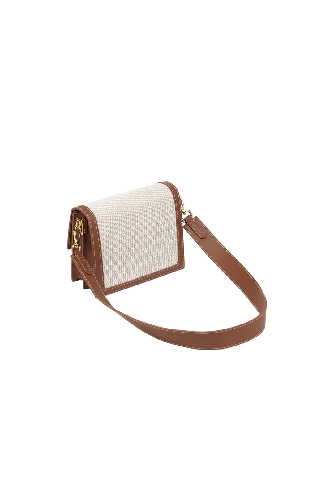 Sac bandoulière JW PEI Mini Flap beige canvas avec bordures en cuir marron et anse réglable, vu de côté.