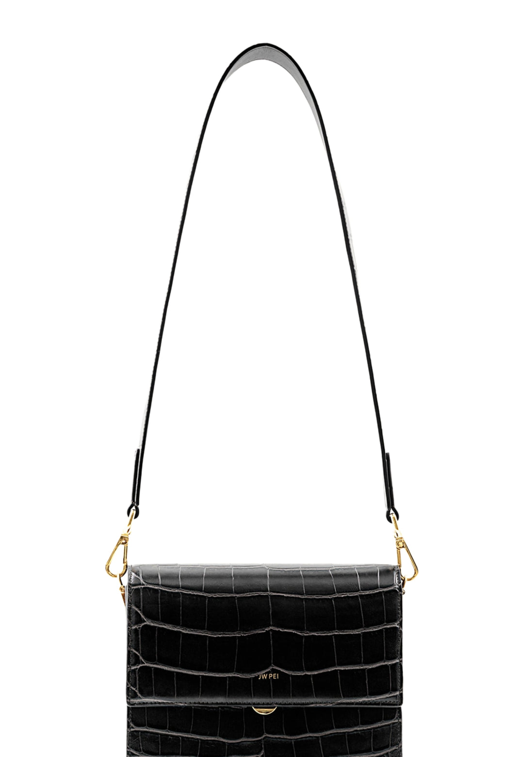 Sac bandoulière JW PEI Mini Flap noir effet croco — vue de face, avec anse et fermoir doré