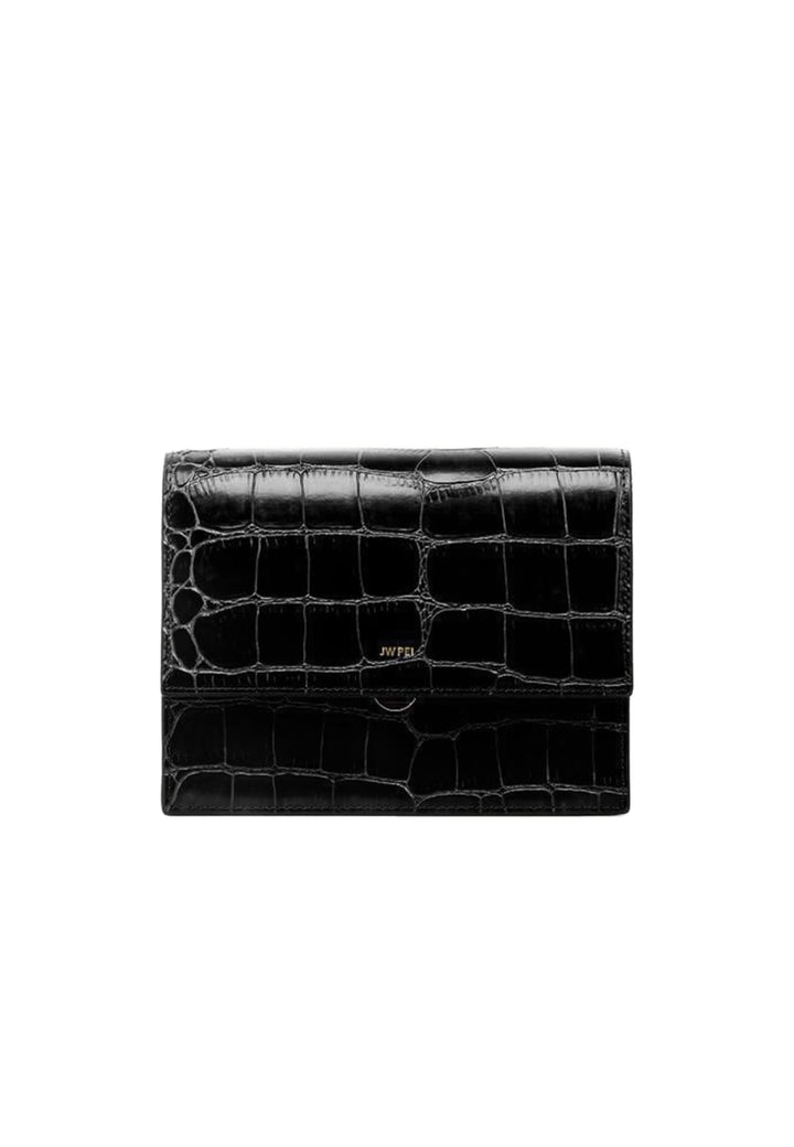Sac bandoulière JW PEI Mini Flap noir effet croco, vu de face, avec logo doré discret