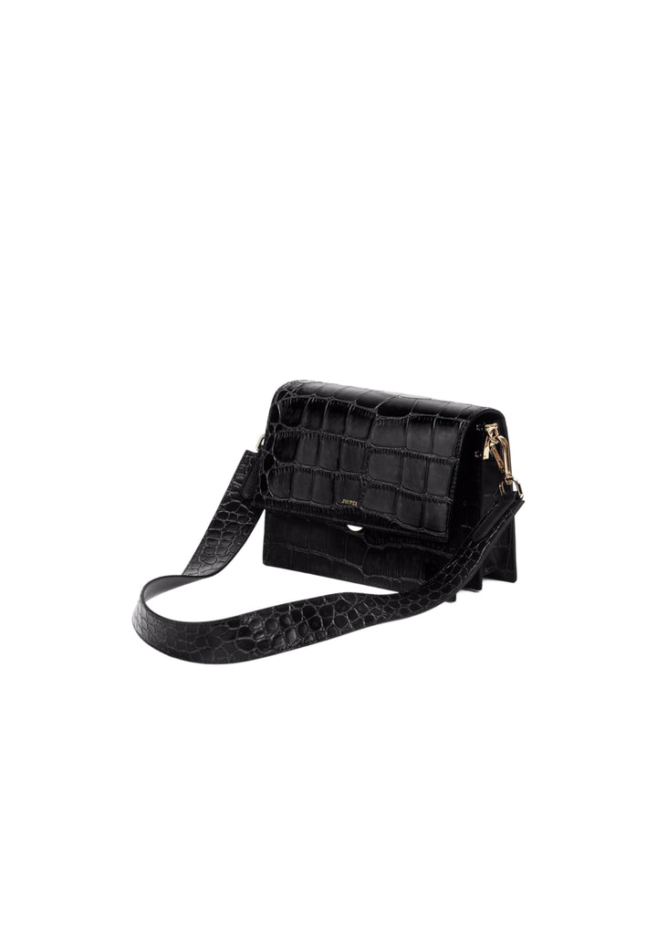 Sac bandoulière JW PEI Mini Flap noir effet croco, porté en bandoulière, vue latérale