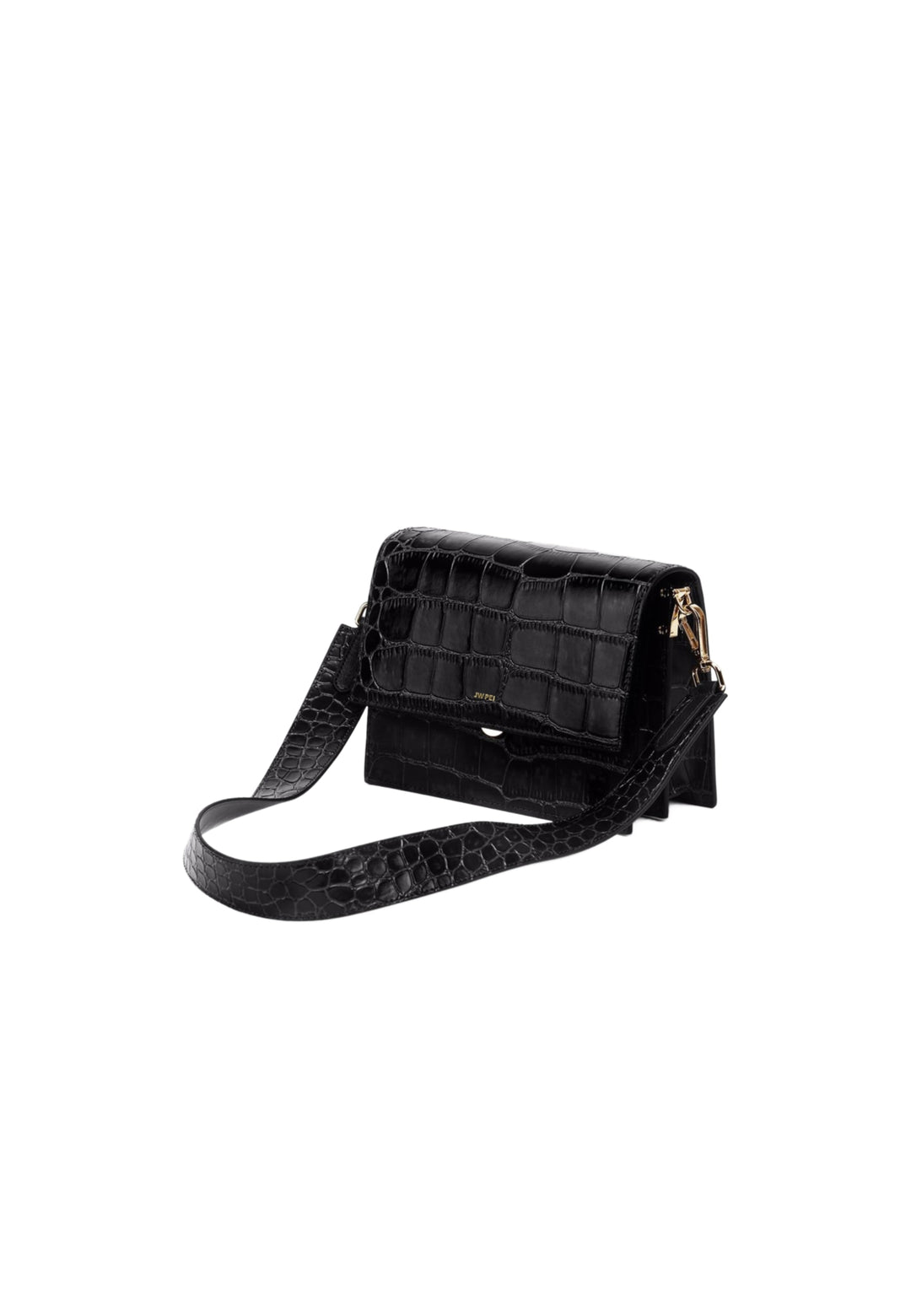 Sac bandoulière JW PEI Mini Flap noir effet croco, porté en bandoulière, vue latérale