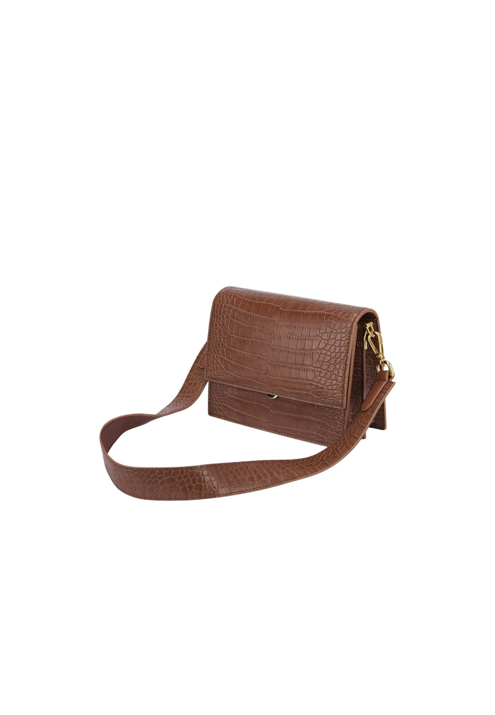 Sac bandoulière JW PEI Mini Flap marron effet croco, porté à l'épaule, vue de 3/4
