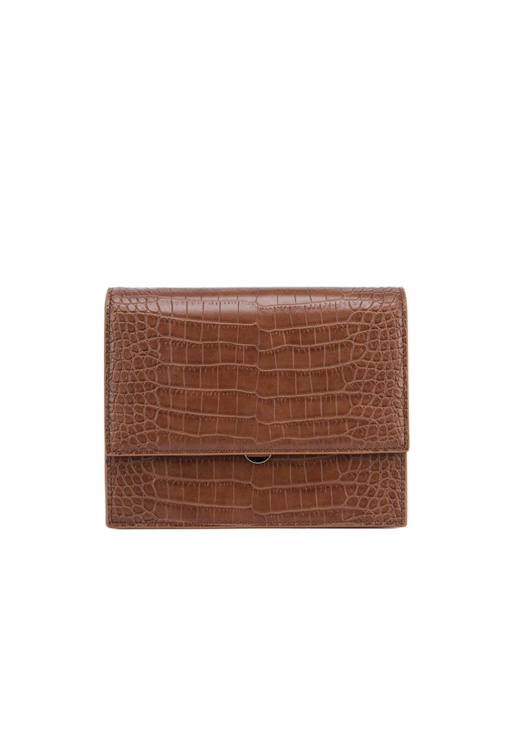 Sac bandoulière JW PEI Mini Flap marron croco — vue de face, simili cuir texturé