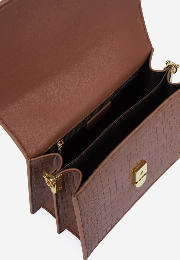 Sac bandoulière JW PEI Mini Flap marron croco, vue intérieure droite avec compartiments et fermoir doré