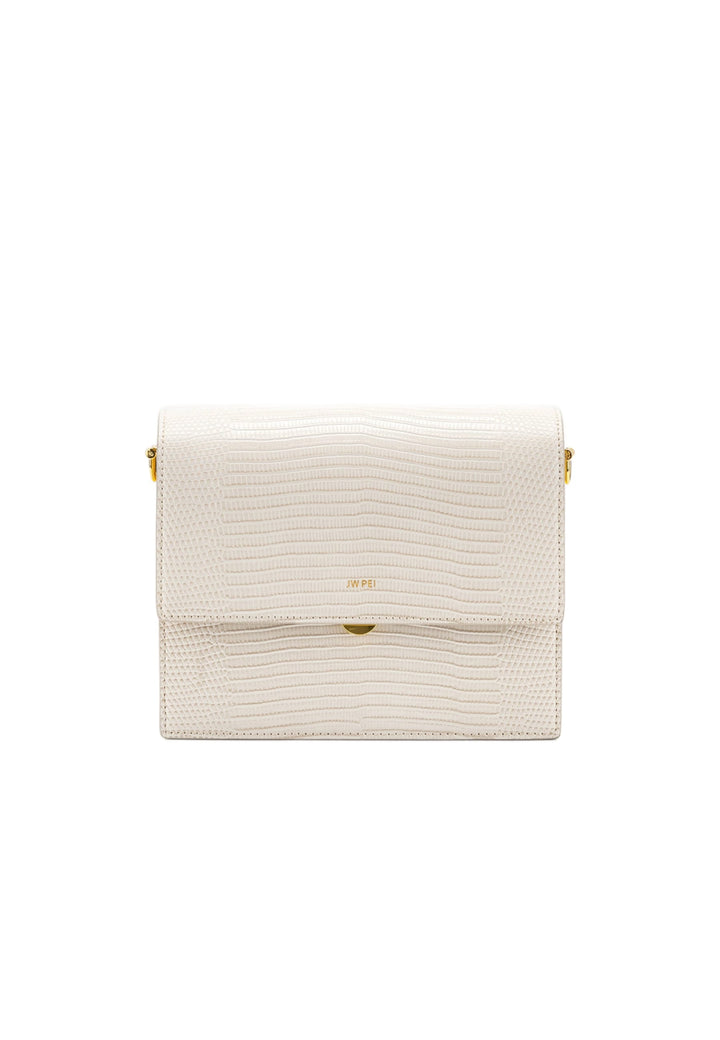 Sac bandoulière JW PEI Mini Flap Ivory Lizard blanc, vue de face, simili cuir texturé lizard
