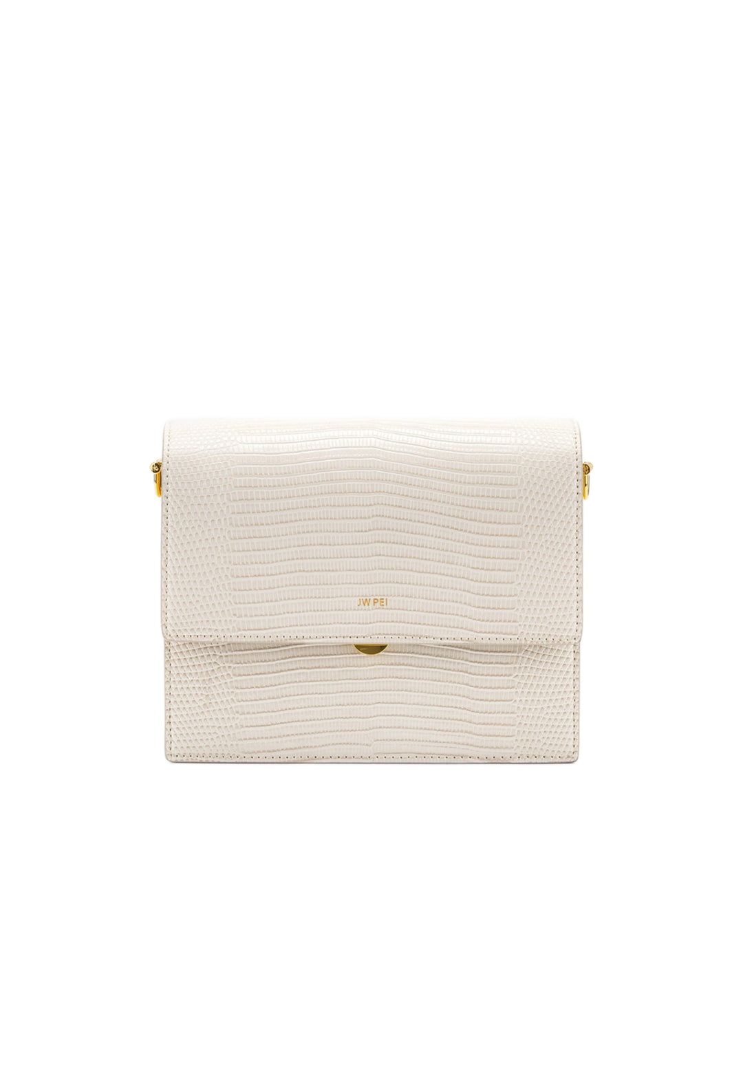 Sac bandoulière JW PEI Mini Flap Ivory Lizard blanc, vue de face, simili cuir texturé lizard