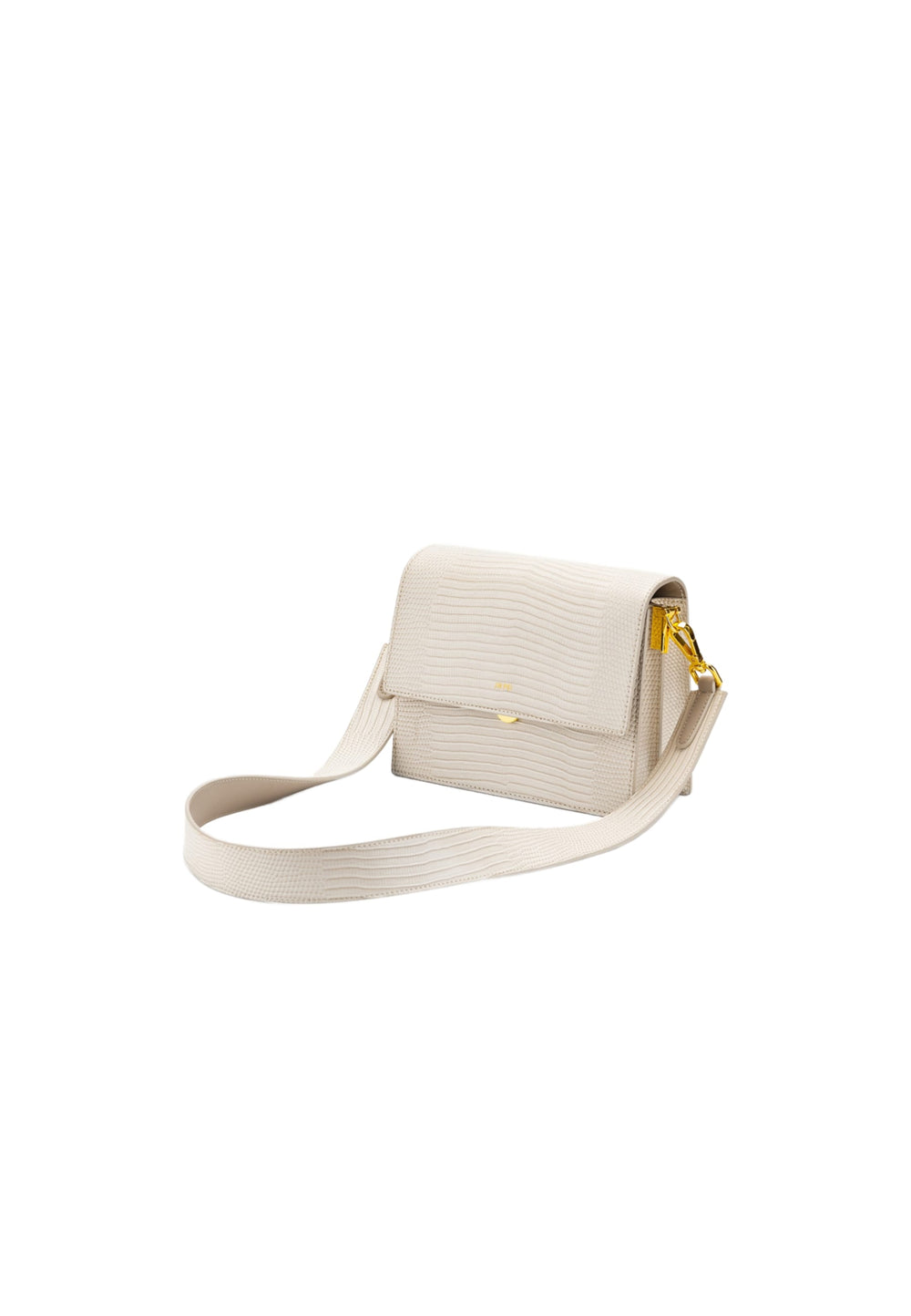 Sac bandoulière JW PEI Mini Flap Ivory Lizard en simili cuir texturé, porté en bandoulière, vu de profil.