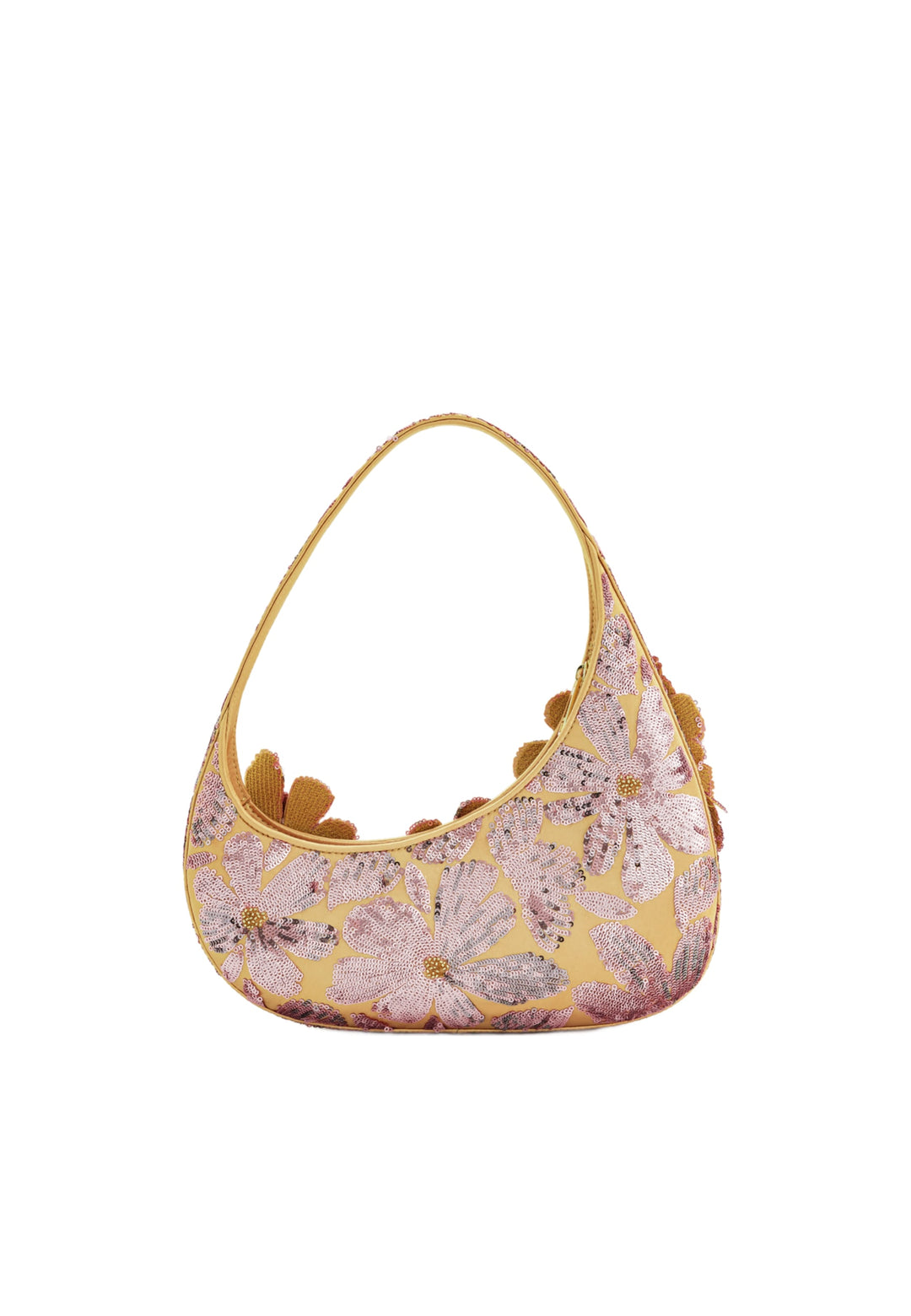 Sac bandoulière JW PEI Pink Sequin rose orné de sequins et de fleurs, porté à l'épaule.