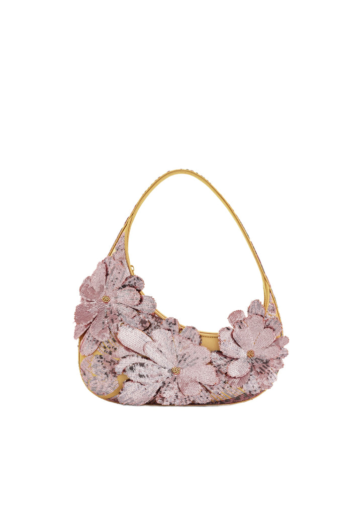 Sac bandoulière JW PEI Pink Sequin rose orné de fleurs en sequins roses et d'une anse dorée.