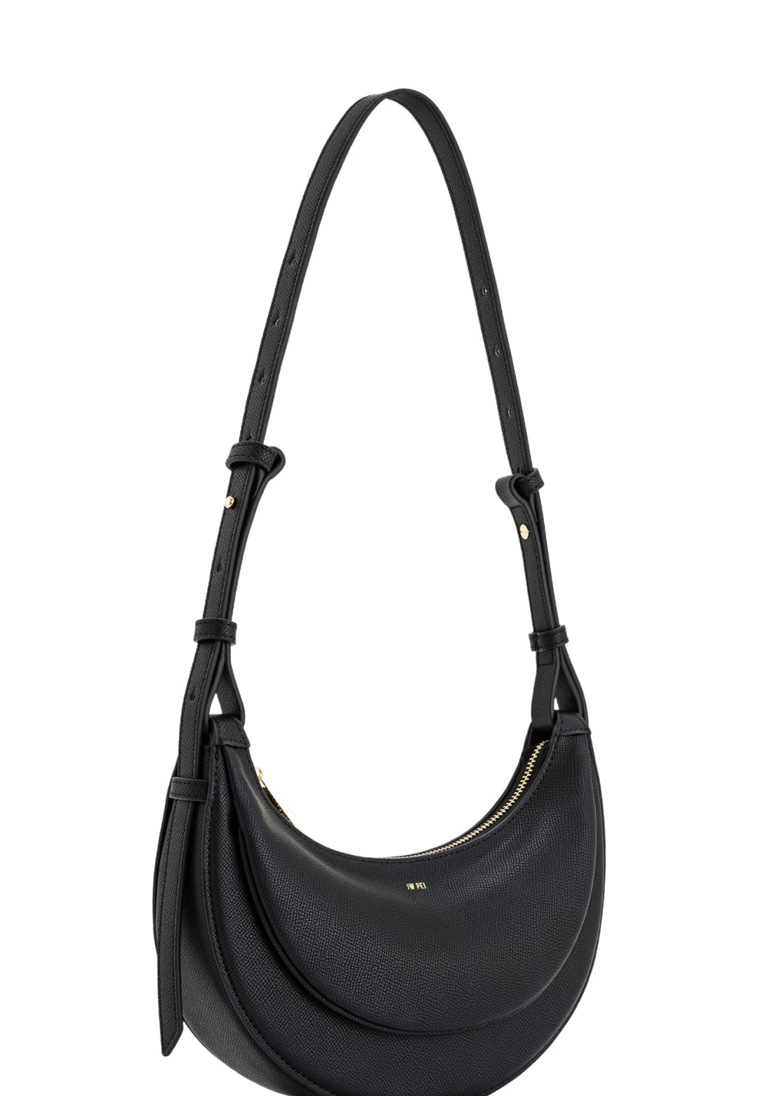 Sac bandoulière JW PEI Sharon noir en simili cuir texturé, porté en travers du corps, vue 3/4