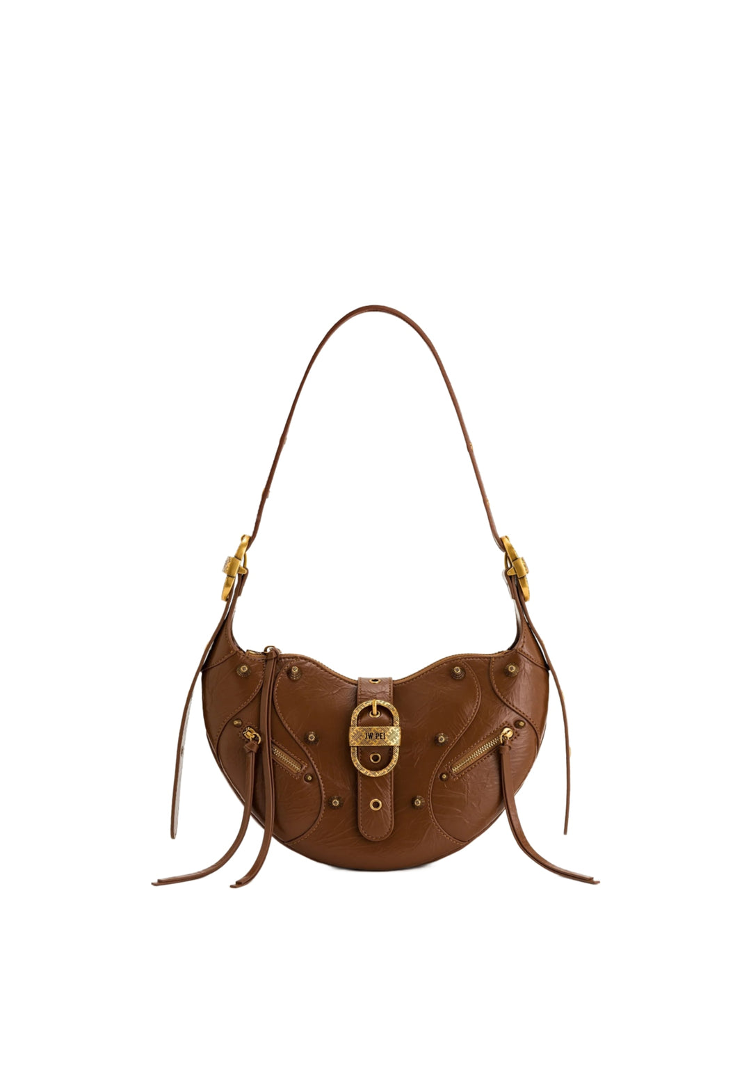Sac bandoulière JW PEI Tessa marron, vue de face, avec fermoir métallique et détails cloutés.