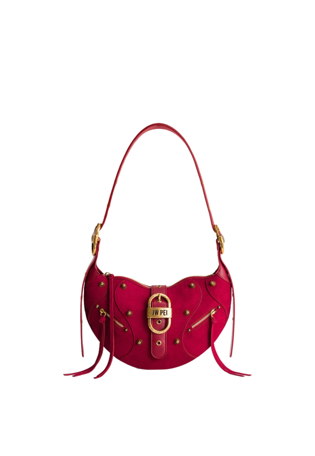 Sac bandoulière JW PEI Tessa Deep Magenta, porté épaule, avec fermoir doré et détails cloutés.