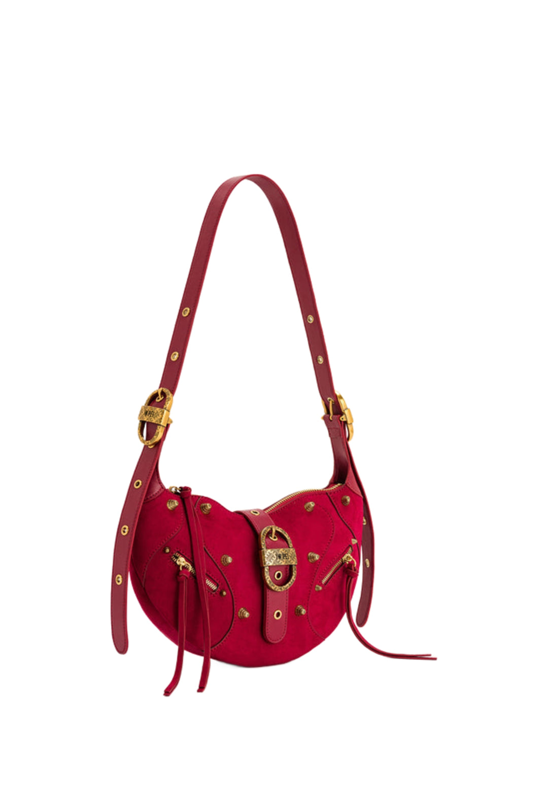 Sac bandoulière JW PEI Tessa Deep Magenta en suédine, avec boucle dorée et détails zippés, porté en bandoulière