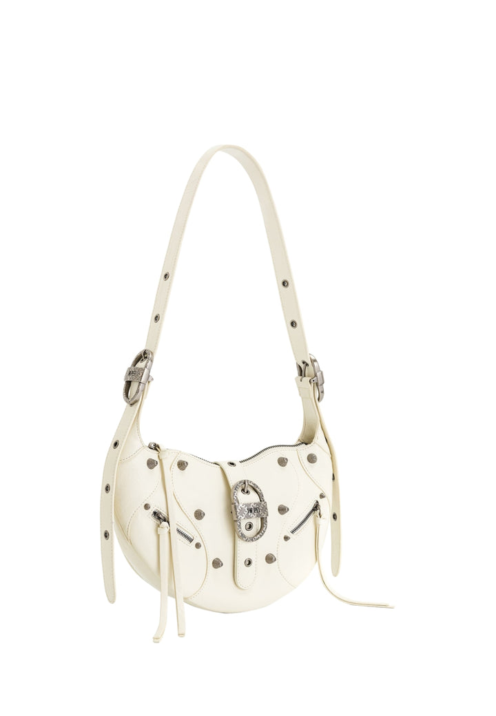 Sac bandoulière JW PEI Tessa blanc en simili cuir, orné de clous et de fermetures éclair décoratives, vu de 3/4