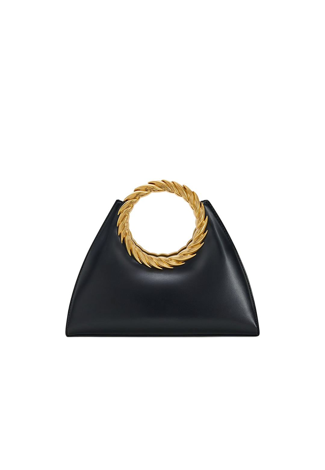 Sac à main JW PEI Amiya noir, avec une anse ronde dorée torsadée, porté à la main.
