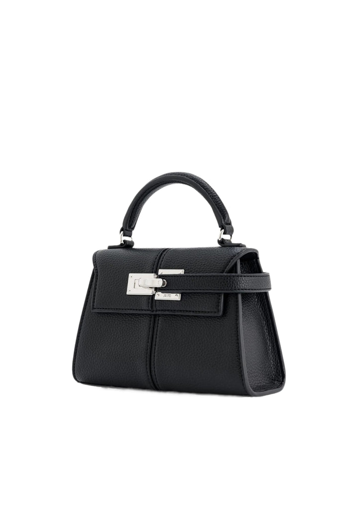 Sac à main JW PEI Elise noir en simili cuir, vu de côté, avec une fermeture argentée et une anse supérieure.