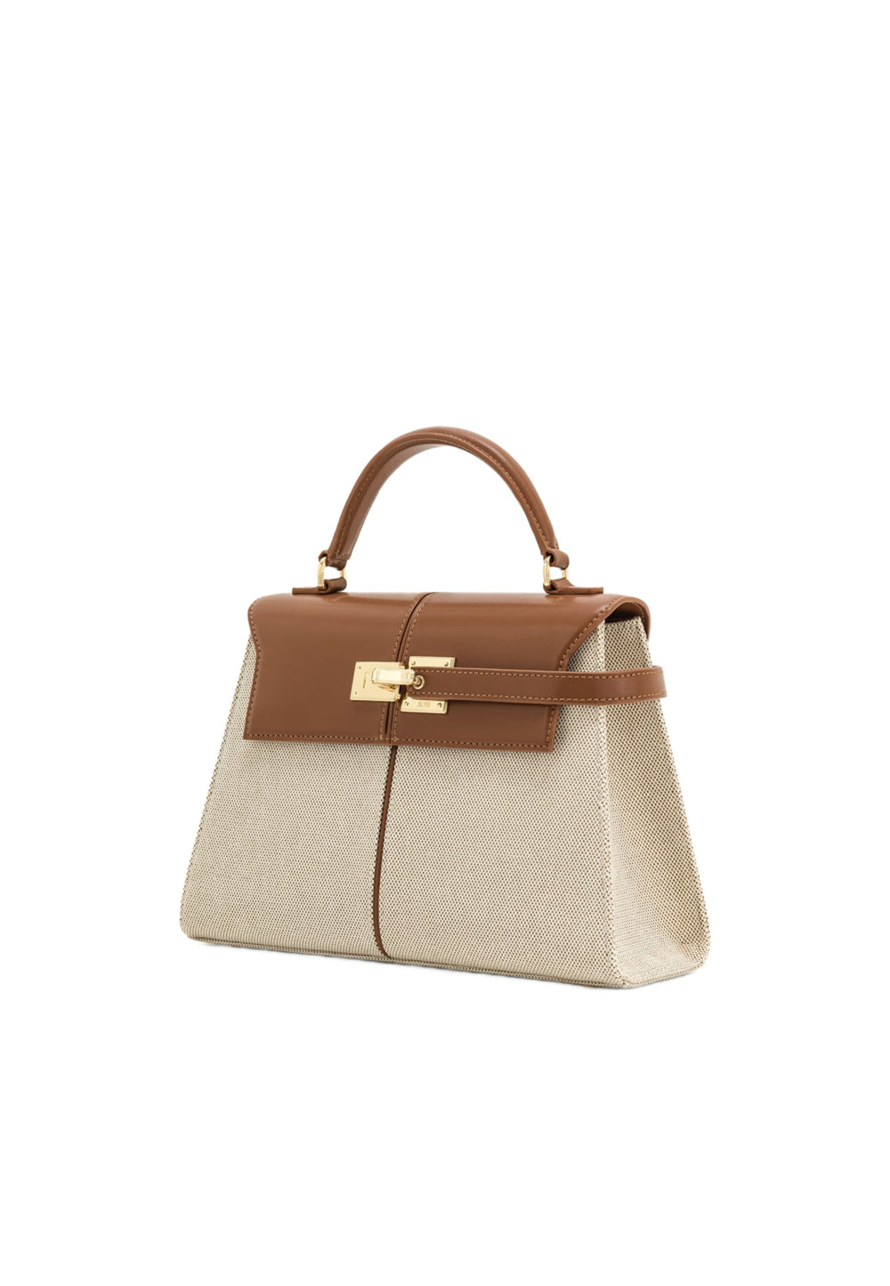 Sac à main JW PEI Elise en toile marron, porté à la main, avec fermoir doré et détails en cuir marron.