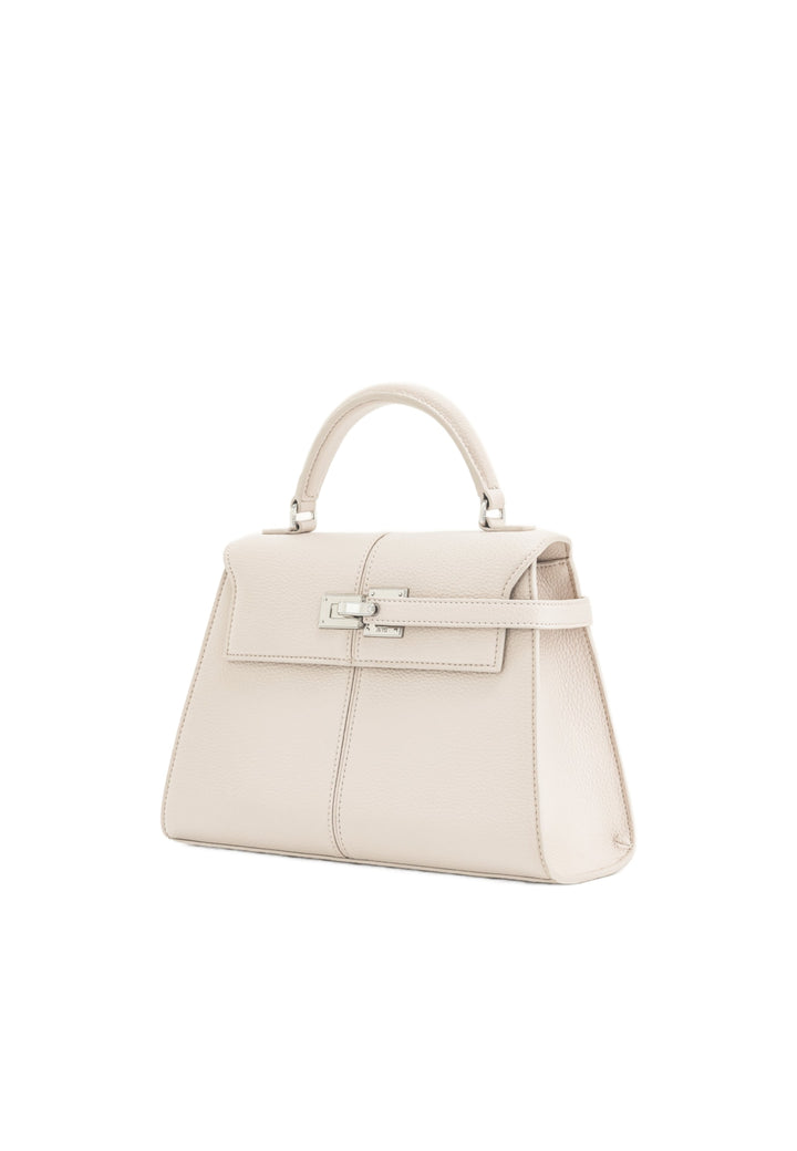 Sac à main JW PEI Elise blanc en simili cuir, porté à la main, avec fermoir argenté et coutures contrastantes.