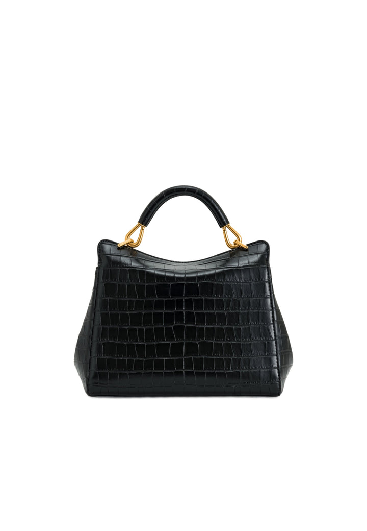 Sac à main JW PEI Lucia Black Croc, en simili cuir grainé, porté à la main, vue 3/4