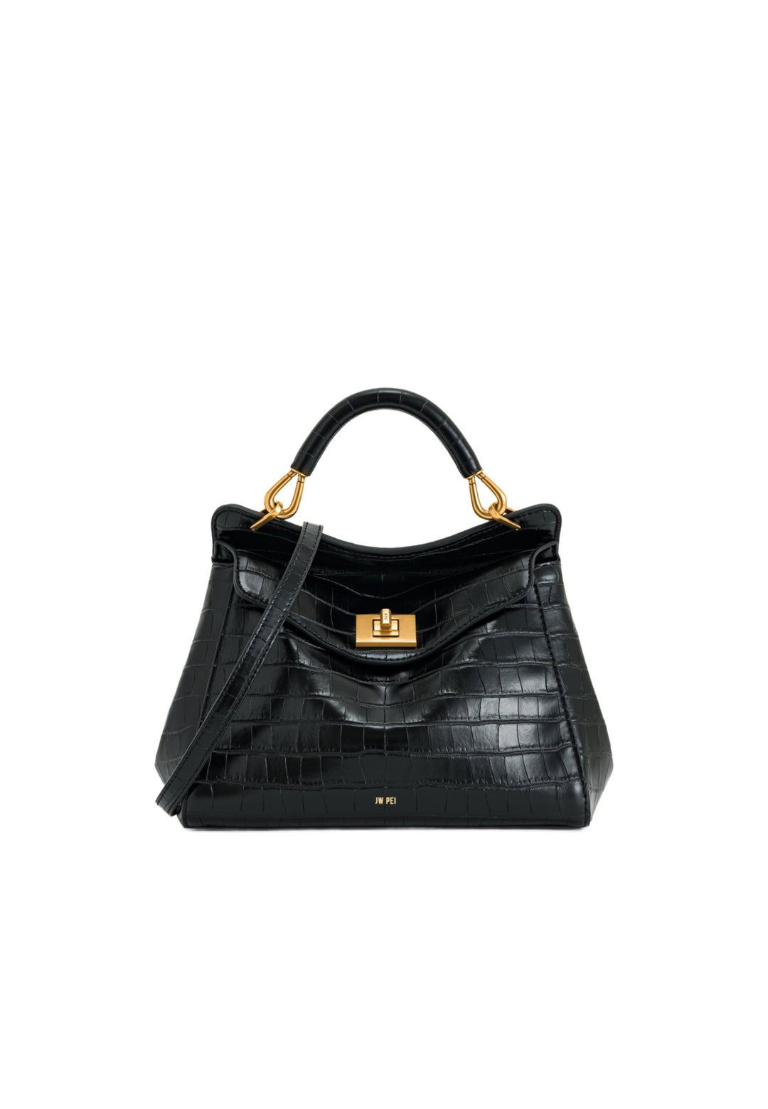 Sac à main JW PEI Lucia Black Croc noir, vue de face, avec fermoir doré et logo JW PEI